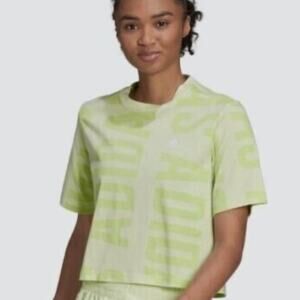 Adidas Originals Crop Tee All Over Print Oversized Lime Green Cropped Small EUC